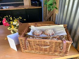 Breakfast basket - beautifully presented and delicious contents! Pastries on top.